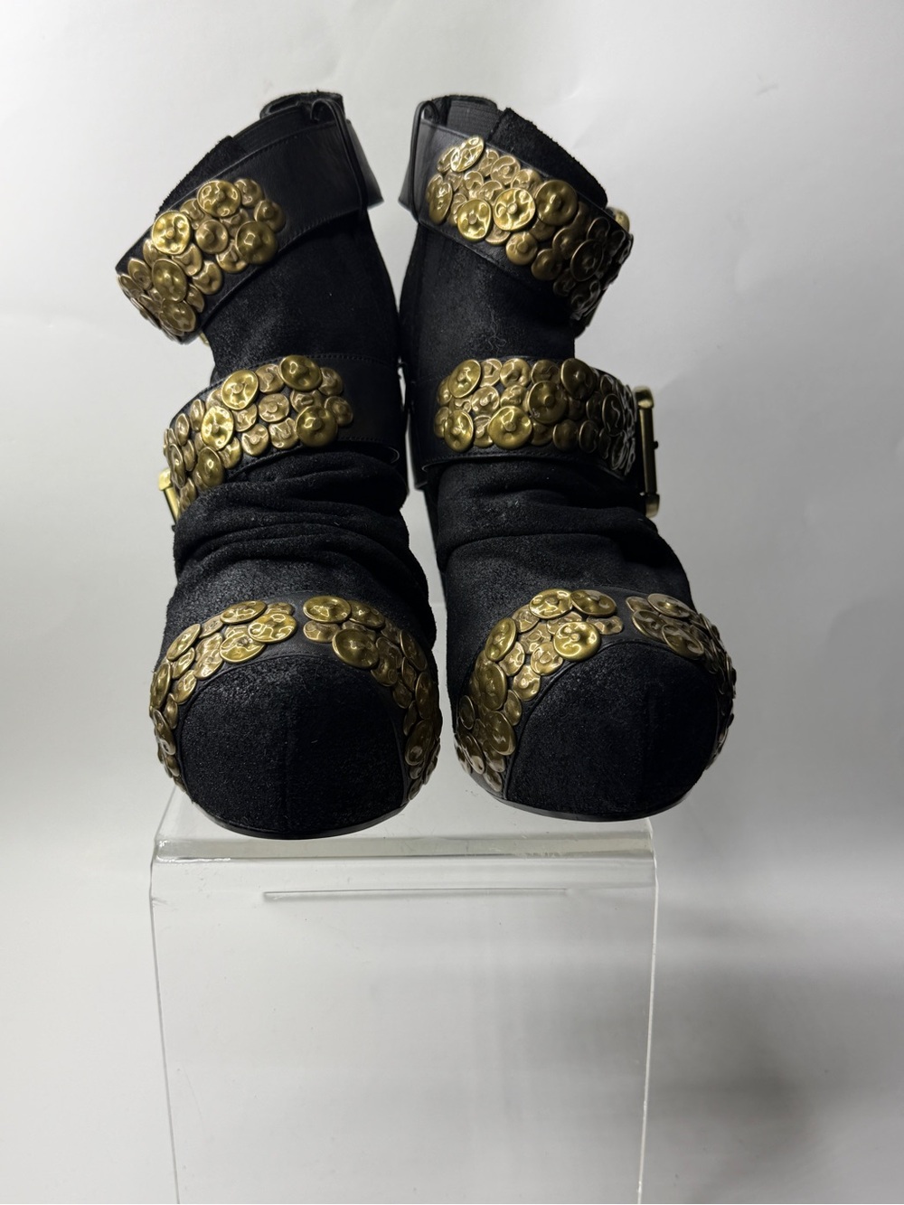 SENSO Black Suede Ankle Booties with Antique Gold Studded Straps - Picture 4 of 5